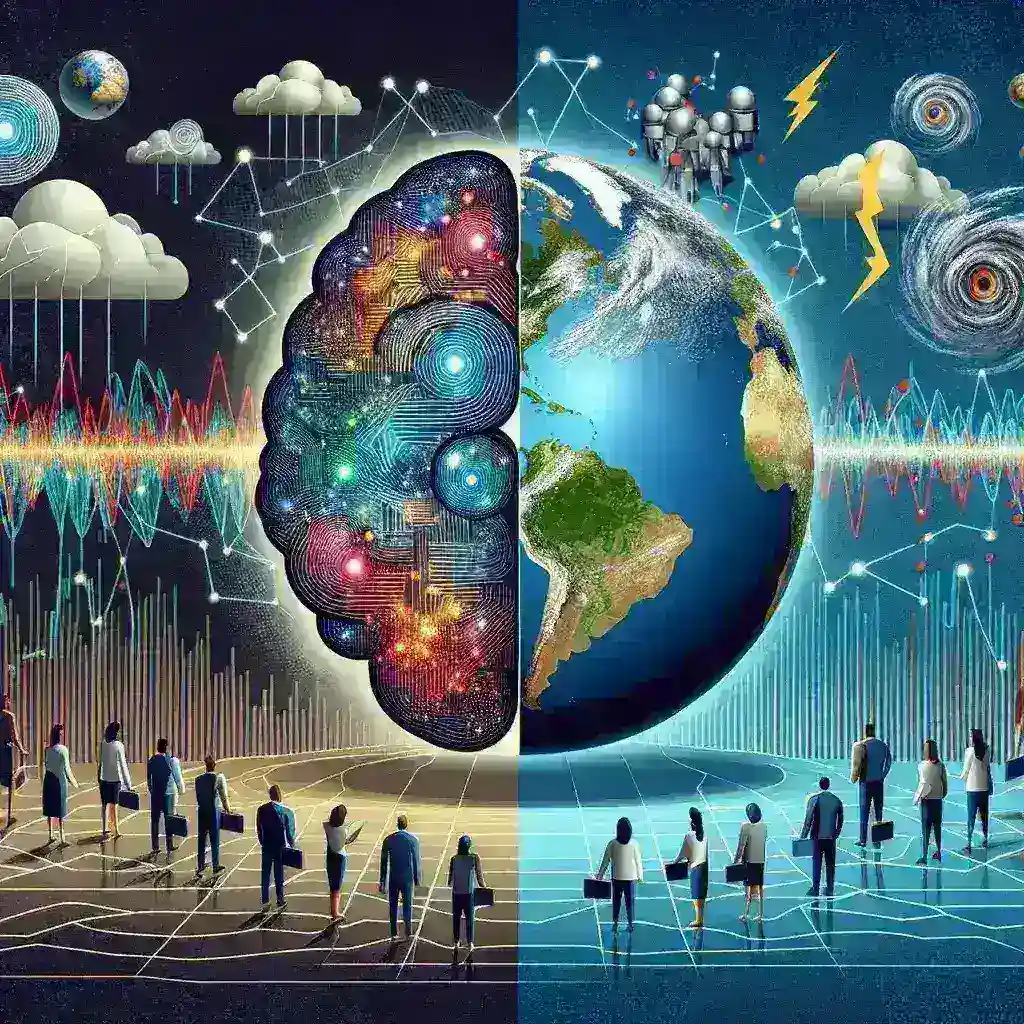 "Ilustração de um sistema de IA analisando dados sísmicos para prever terremotos e desastres naturais, destacando a importância da tecnologia na mitigação de riscos naturais."