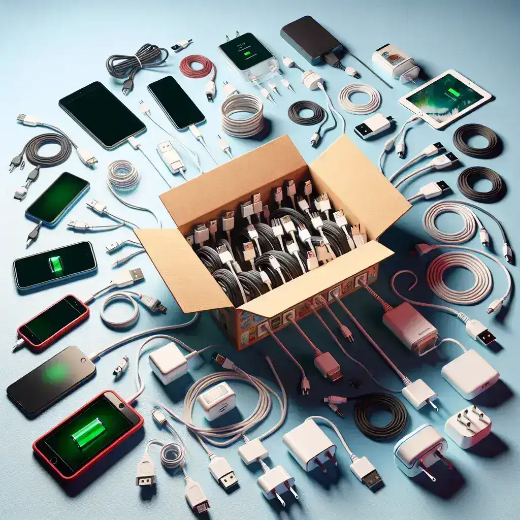"Estação comunitária de carga feita a partir de carregadores antigos, exibindo diversos dispositivos conectados, simbolizando a reutilização sustentável e a inovação em tecnologia."
