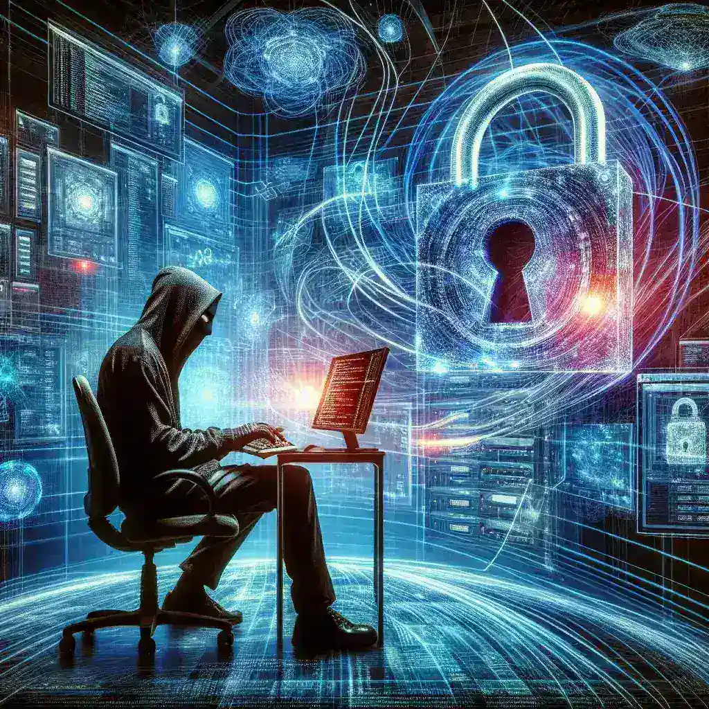 "Imagem ilustrativa de engenharia reversa em hacking, mostrando um computador com código-fonte em tela, representando técnicas de análise e desmontagem de software."