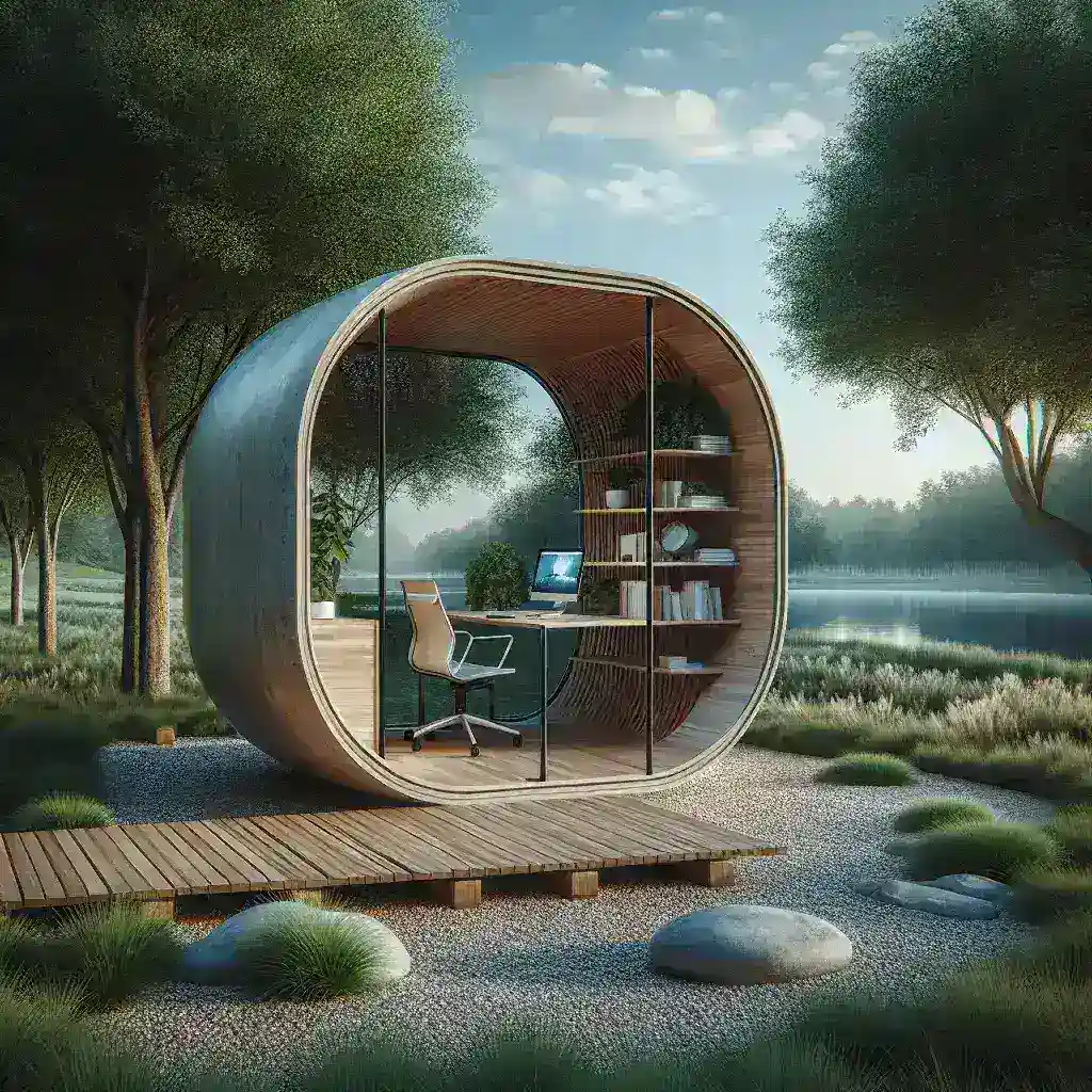 "Escritório em cápsula ecológica integrado à natureza, apresentando design sustentável e ambiente de trabalho inspirador rodeado por árvores e vegetação"
