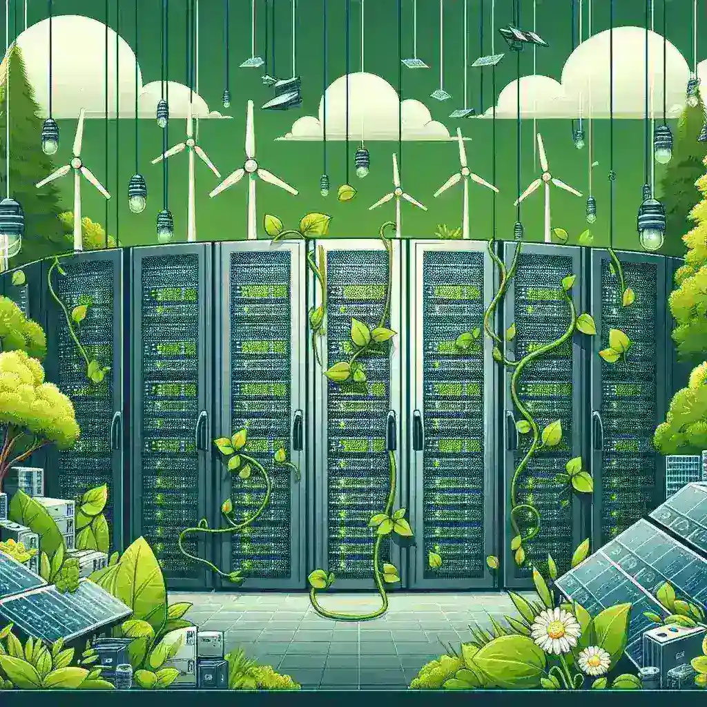 "Infographic illustrating strategies for reducing carbon footprint in data centers, highlighting ECO-IT practices such as energy efficiency, renewable energy use, and sustainable technologies."